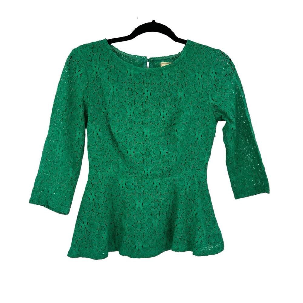 Anthropologie Top Womens 2 Lace Peplum Blouse Kelly Green Moulinette Soeurs